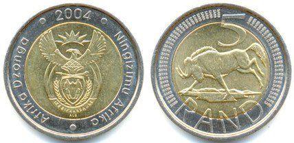 Moneda de 5 rands sudafricanos.