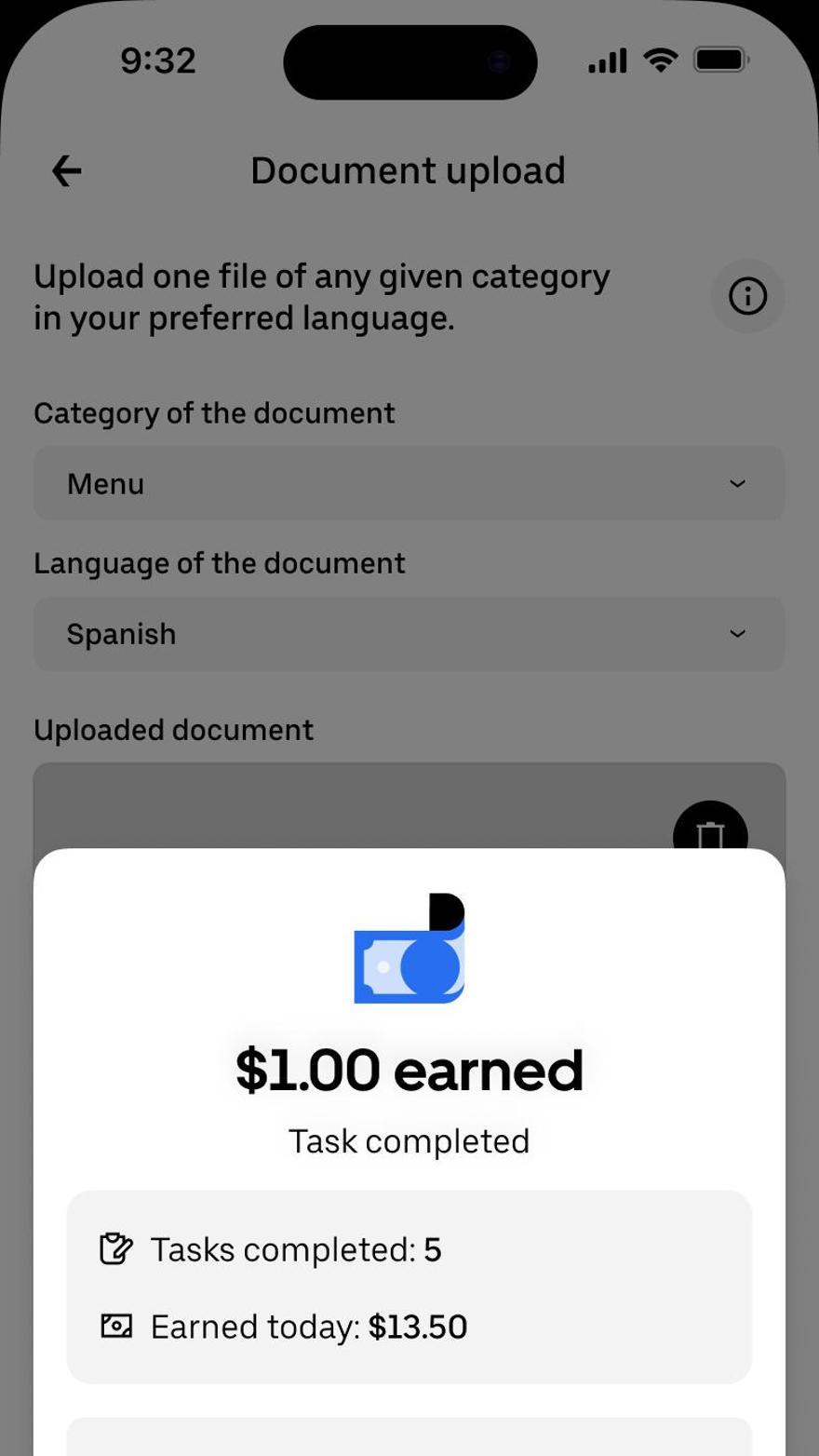 Pantalla que verá el conductor o el repartidor de Uber cuando haya completado una de las "tareas digitales" que dedica hacer en su tiempo de no conducción.