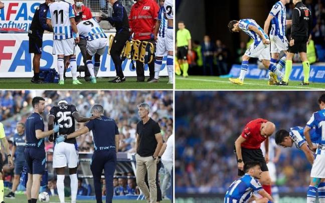 Imágenes correspondientes a las lesiones o reaparciones de jugadores de la Real: Carlos, Oyarzabal, Sadiq y Silva. / N.G.