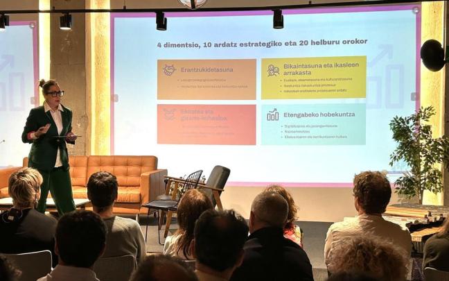La consejera de Educación, Begoña Pedrosa, presentando el Plan Estratégico para la Escuela Pública Vasca 2025-2028. Foto: Irekia