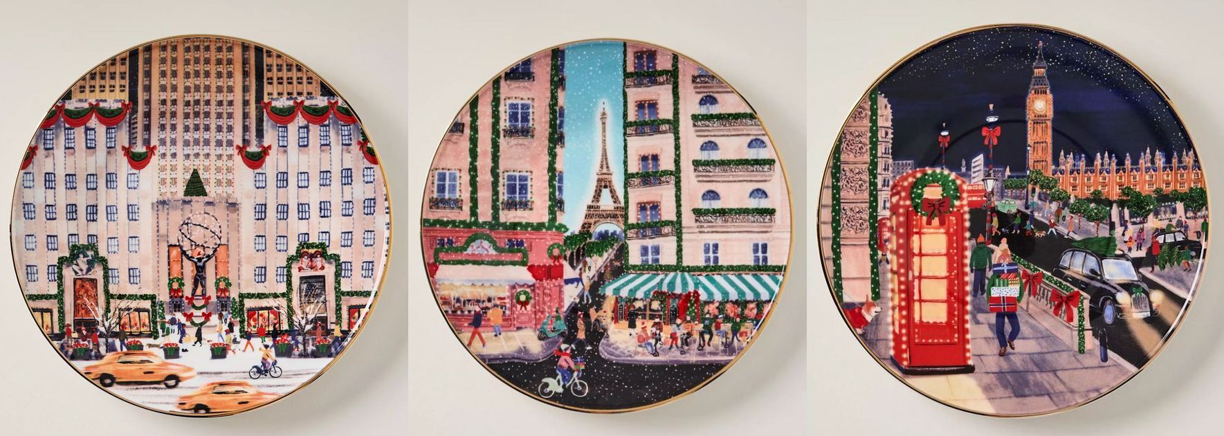 Originales platos con ilustraciones de ciudades decoradas por Navidad.