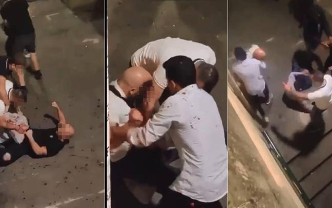 Fotomontaje con tres momentos de la paliza del 29 de septiembre y personas mediando para que cese. Fotos: Diario de Noticias