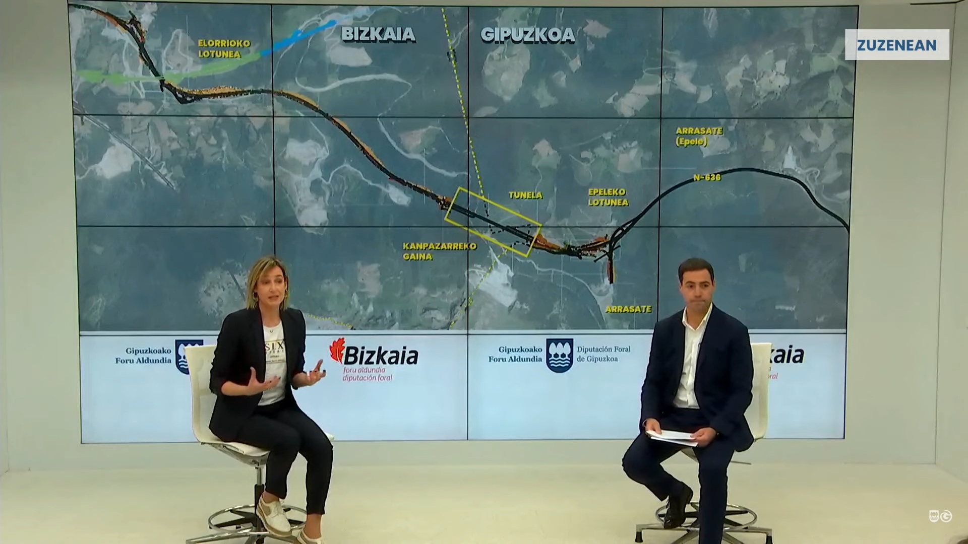 Los diputados de Infraestructuras de Gipuzkoa, María Ubarretxena, y de Bizkaia, Imanol Pradales, durante la presentación de esta mañana