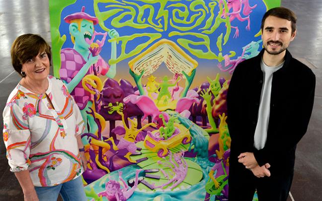 Nerea Mujika, presidenta de Gerediaga Elkartea y Ximon Agirre, autor del cartel de la Durangoko Azoka 2023.