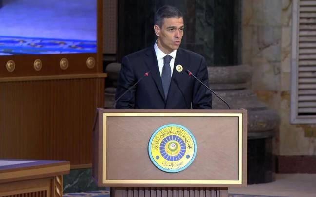 El presidente del Gobierno, Pedro Sánchez, durante su intervención en la Cumbre de la Liga Árabe en Bagdad