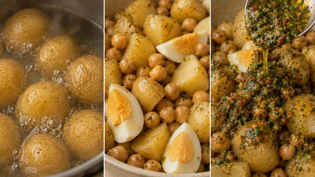Tres pasos sencillos: cocer las patatas, mezclarlas con los garbanzos y el huevo y terminar con abundante chimichurri.