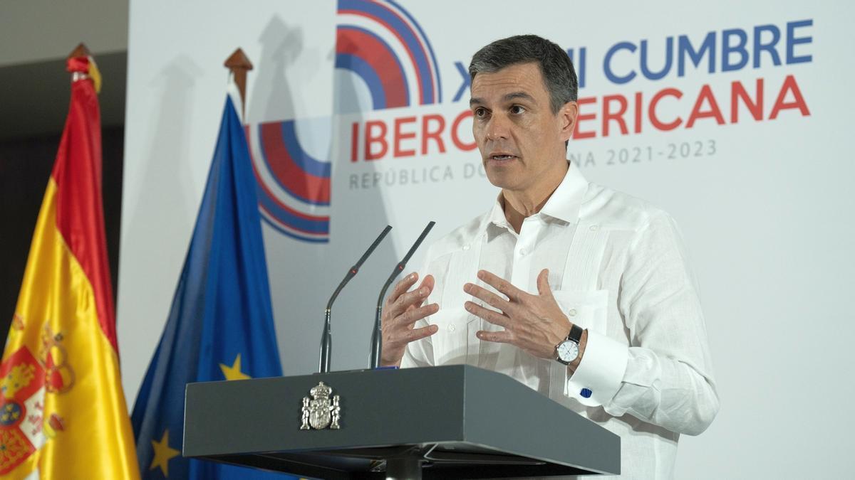 El presidente del Gobierno español, Pedro Sánchez, tras el pleno de la XXVIII Cumbre Iberoamericana, en Santo Domingo.