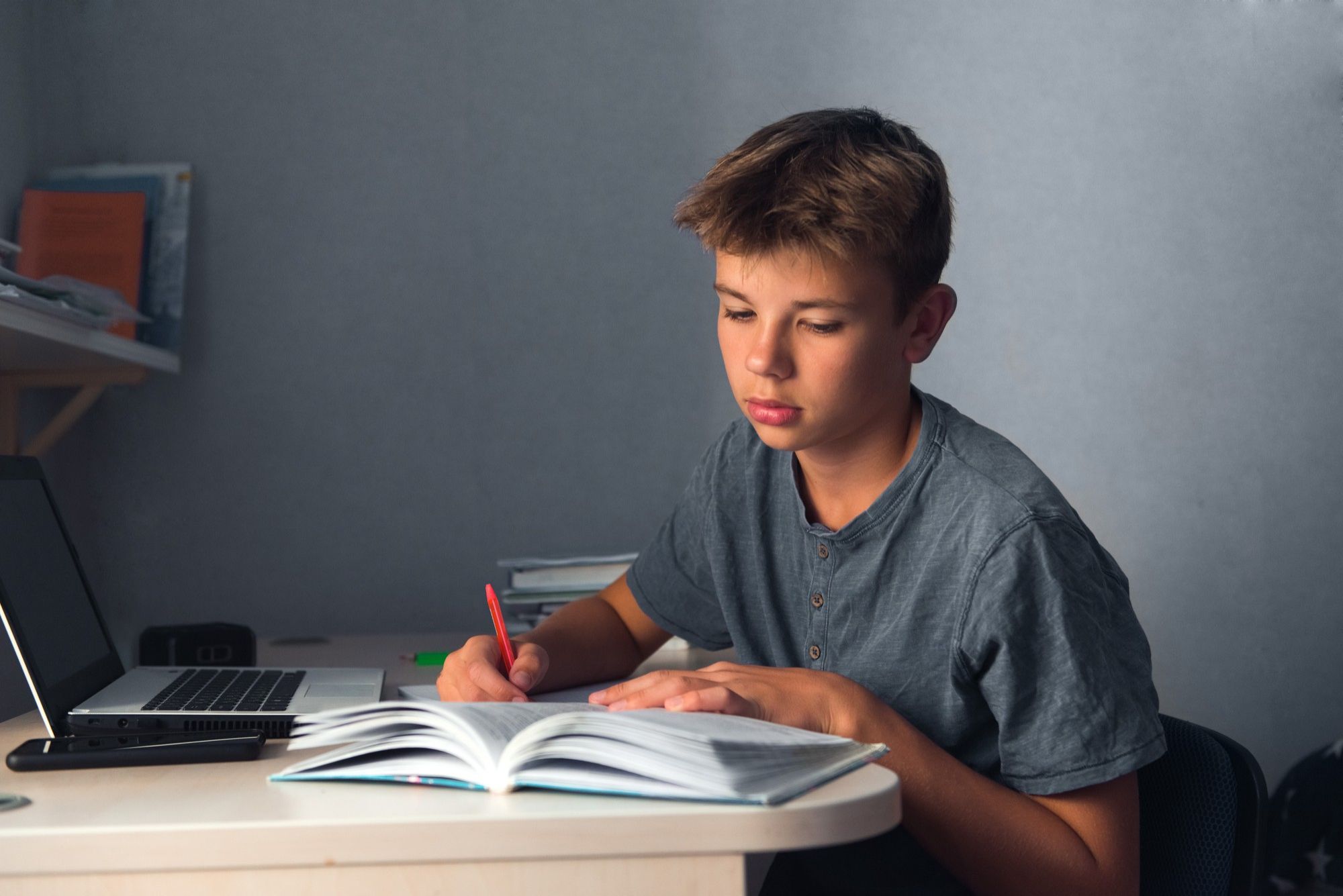 Un adolescente estudia en casa.