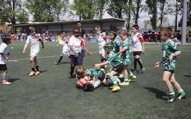 Varios niños pugnan por hacerse con un balón durante un partido de rugby.