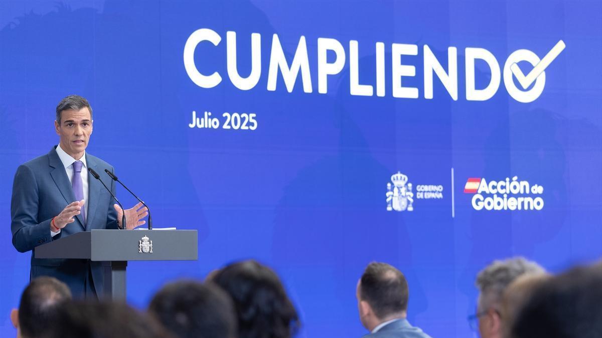 El presidente del Gobierno español, Pedro Sánchez, durante su comparecencia en la Moncloa para hacer balance del curso político.