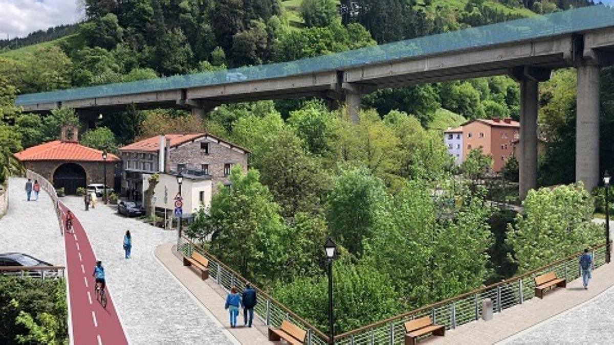 Recreación de la alternativa de paso que propone el PNV para eliminar la intersección del bidegorri y el acceso a la autopista