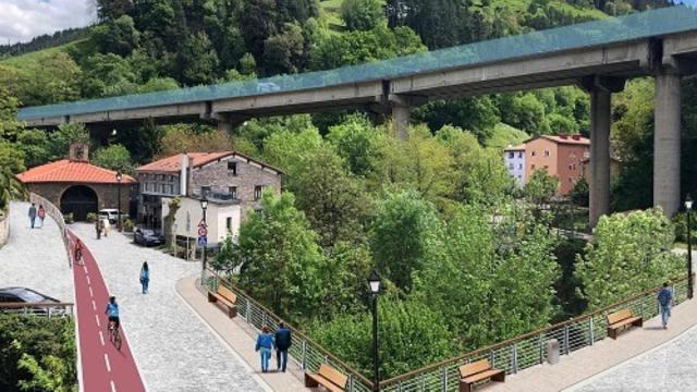 Recreación de la alternativa de paso que propone el PNV para eliminar la intersección del bidegorri y el acceso a la autopista