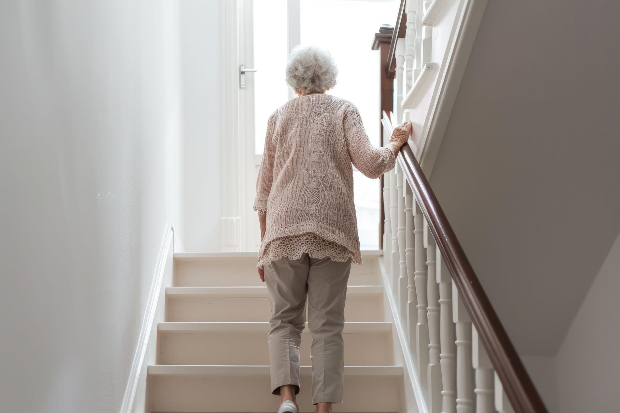 Señora mayor sube las escaleras de su casa.