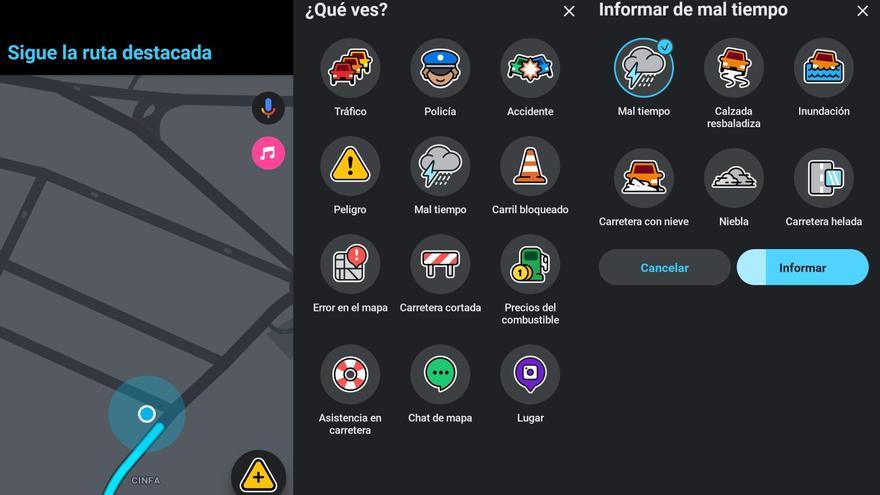 A ala izquierda, el triángulo naranja de '¿Qué ves?'; en el centro, el menú de incidencia, y a la derecha, la opciones 'Mal Tiempo'.