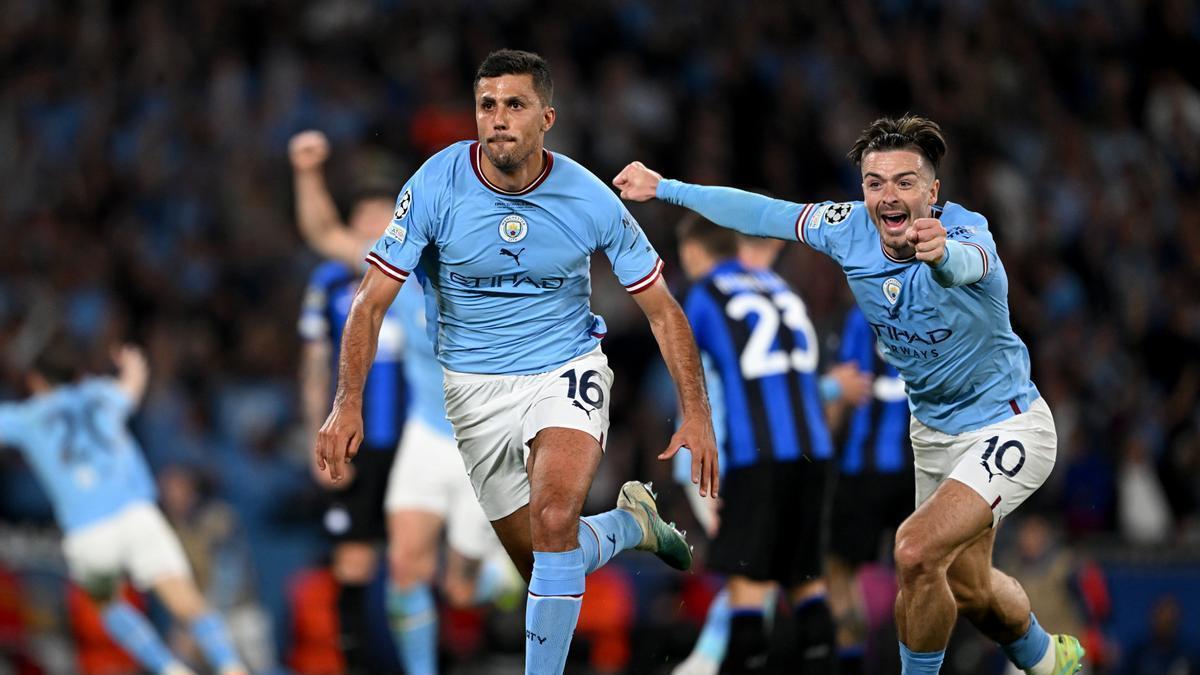 Rodri Hernández celebra el gol que dio la victoria al Manchester City en la final de la Champions League de 2023 frente al Inter.