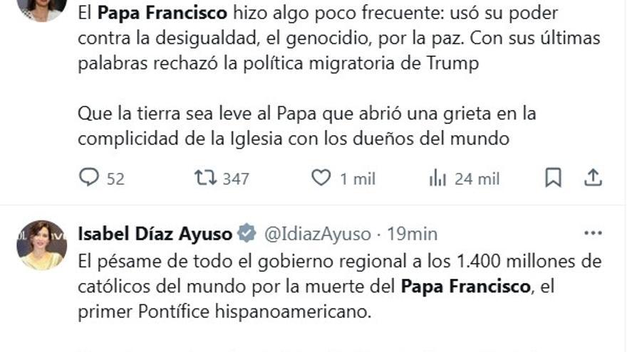 Montero y Ayuso coinciden en sus lamentos por la muerte del Papa Francisco