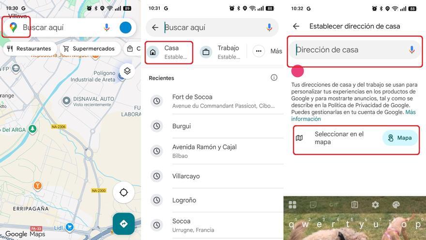 Combo de pantallazos con los pasos que hay que seguir para almacenar la dirección de un domicilio en Google Maps.