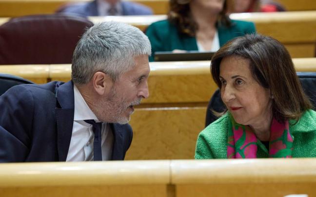 El ministro del Interior de España, Fernando Grande-Marlaska y la ministra de Defensa, Margarita Robles, durante una sesión plenaria en el Senado.