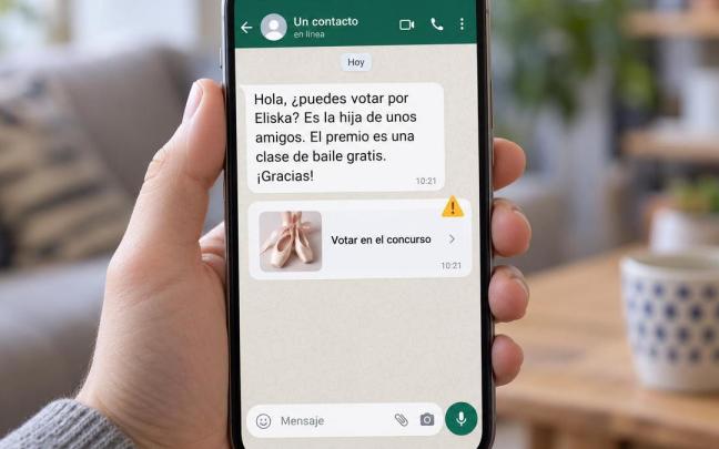 Mensaje fraudulento que pide votar por Eliska a través de WhatsApp.