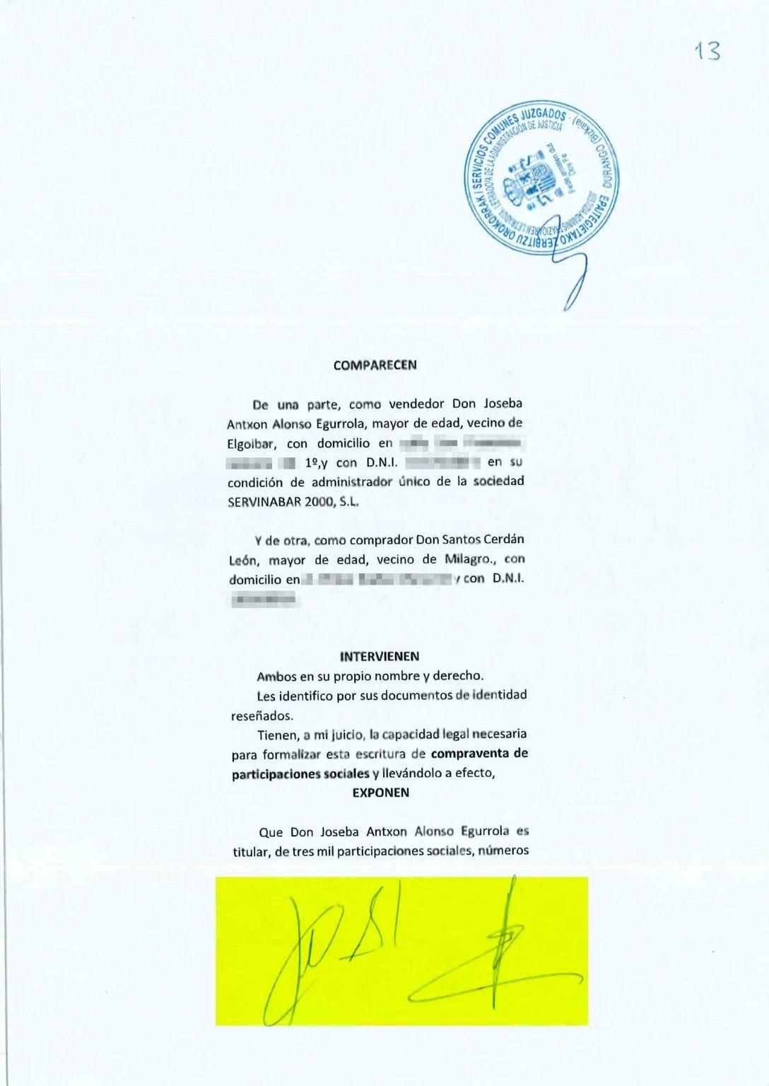 Contrato con el que Cerdán adquirió parte de Servinabar.