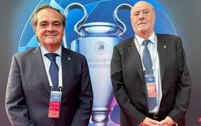 El presidente Jokin Aperribay y el vicepresidente Ángel Oyarzun, durante el sorteo de la Champions