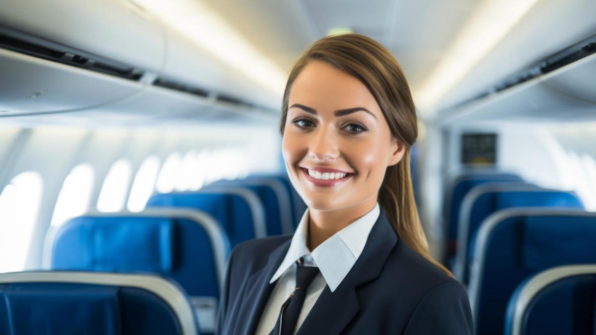 Una azafata sonriente en un avión.