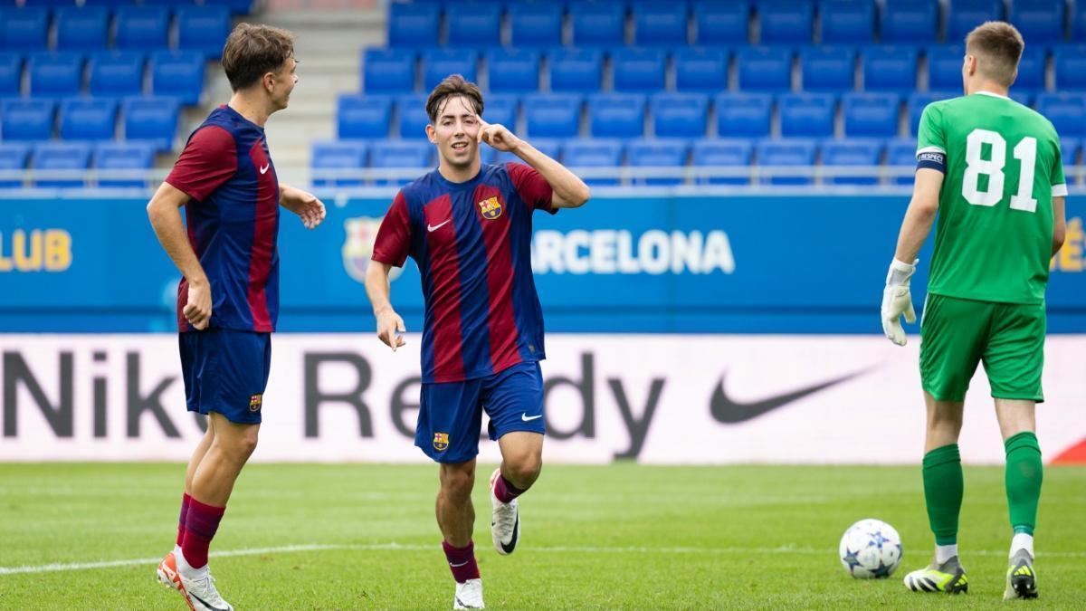 Dani Rodríguez celebra un gol con el Barcelona. / N.G.