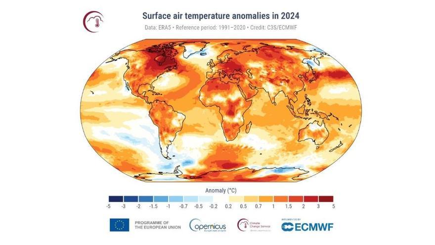 Anomalías de la temperatura del aire en la superficie para 2024 en relación con el promedio del período de referencia 1991-2020