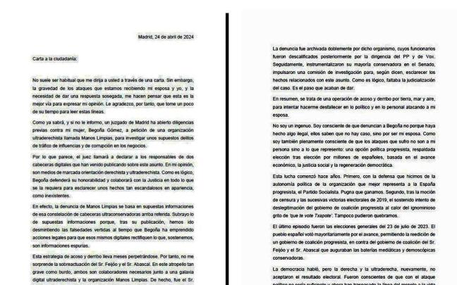 Carta de Pedro Sánchez a la ciudadanía.