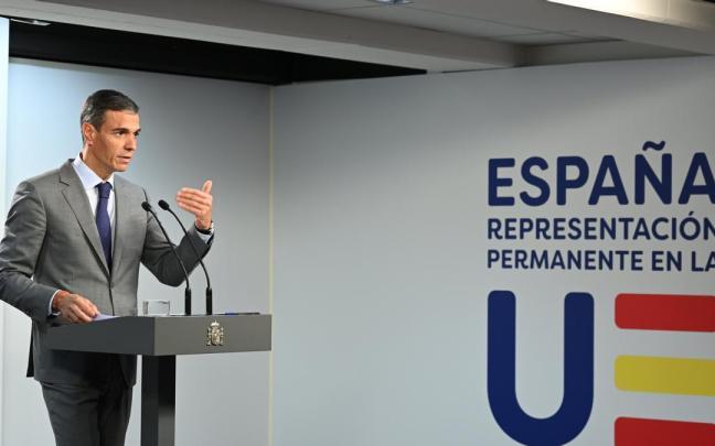 Pedro Sánchez durante su rueda de prensa este 16 de octubre desde Bruselas.