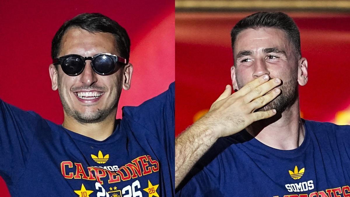 Mikel Oyarzabal y Unai Simón durante la celebración de la selección española tras ganar el Mundial 2026