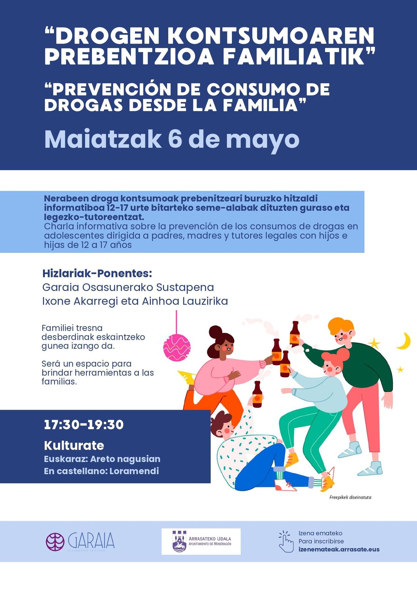 Cartel de la charla que el 6 de mayo abordará cómo prevenir el consumo de drogas desde la familia.
