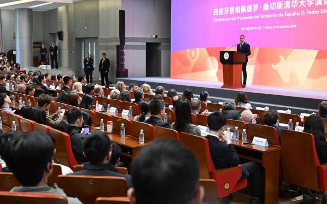 Sánchez, durante su conferencia en China.