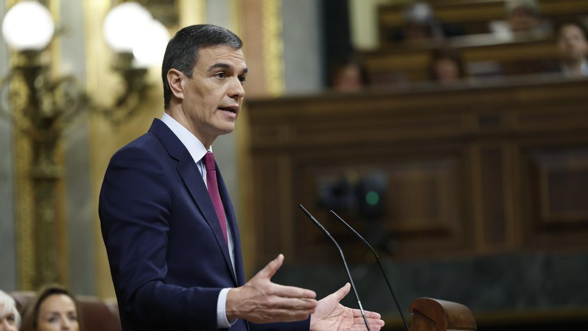 Pedro Sánchez durante su comparecencia este miércoles en el Congreso de los Diputados.