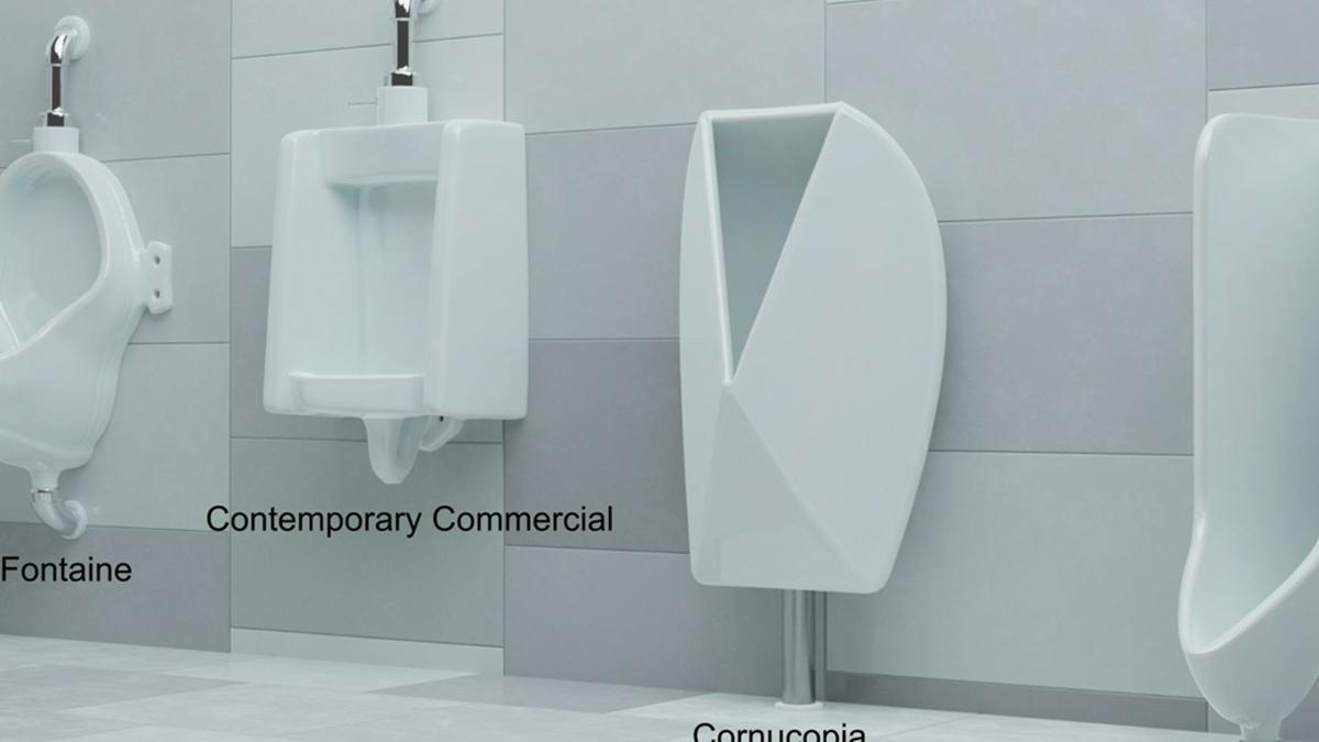 Los modelos Cornucopia y Nautilus, a la derecha, fueron diseñados para reducir las salpicaduras frente a los urinarios convencionales.