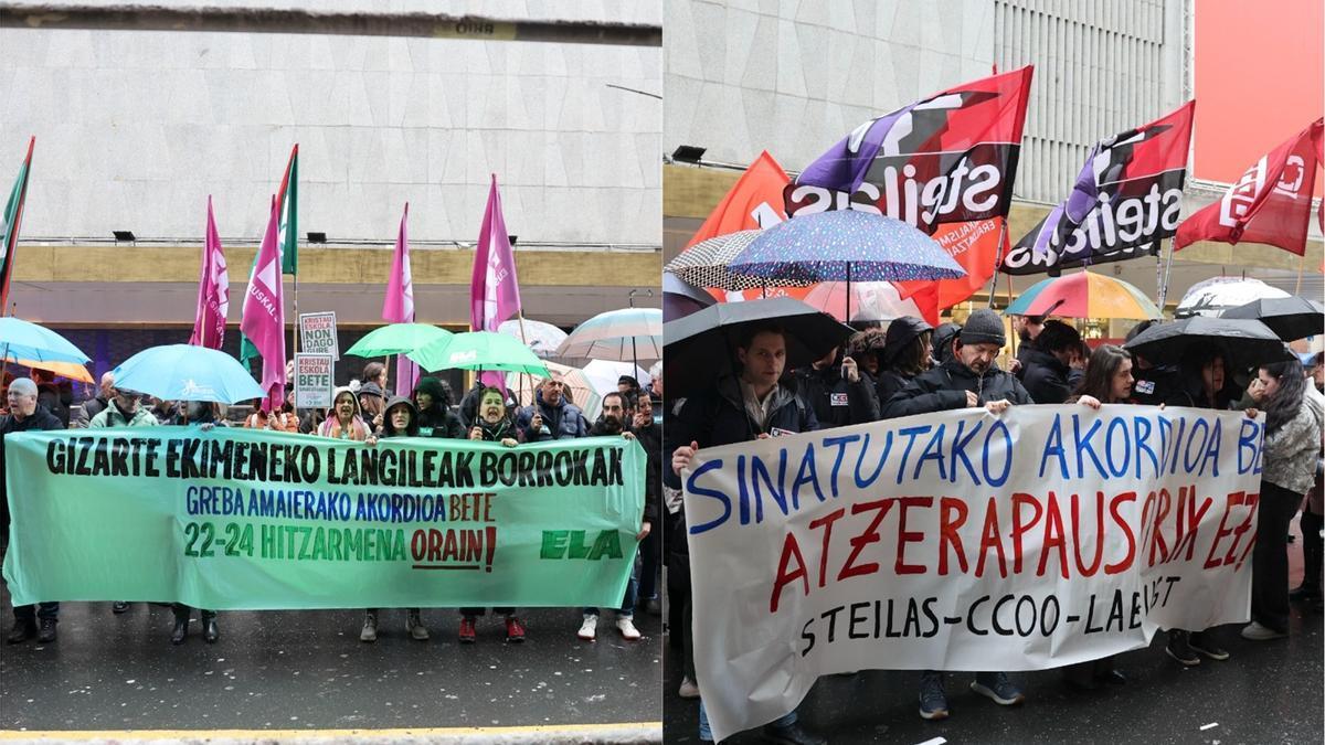 Con motivo de la reunión con las patronales en el CRL, se han vuelto a ver dos pancartas reivindicativas, firmada una por ELA en solitario, y otra por LAB, Steilas, CCOO y UGT de manera conjunta.