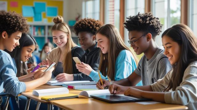 Varios jóvenes usando móviles en clase.