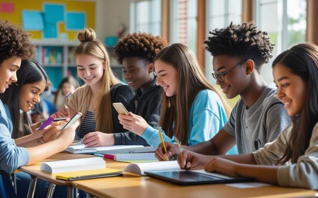 Varios jóvenes usando móviles en clase.