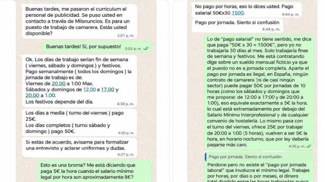 La conversación que una candidata a una oferta y un empresario mantienen vía WhatsApp