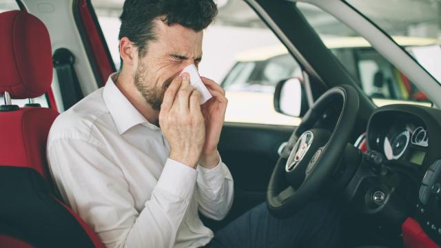 Un hombre se suena la nariz dentro del coche.