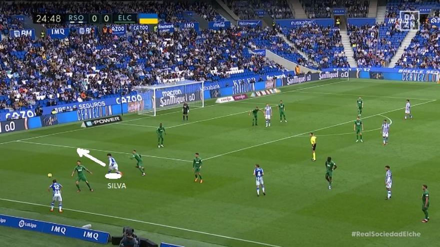 Minuto 24. Ocasión de Sorloth. Silva se desmarca a línea de fondo en saque de banda de Aihen.