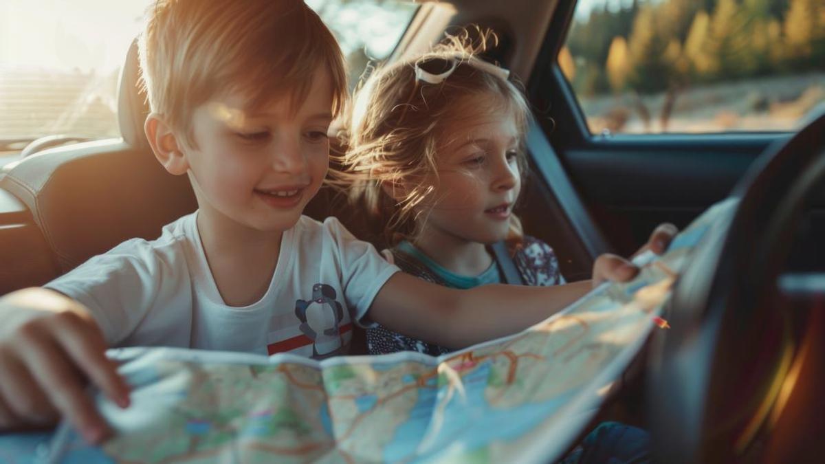 Niños con un mapa en el coche.
