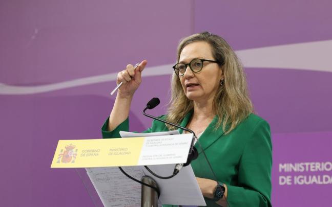 Victoria Rosell, durante una rueda de prensa, en el Ministerio de Igualdad.