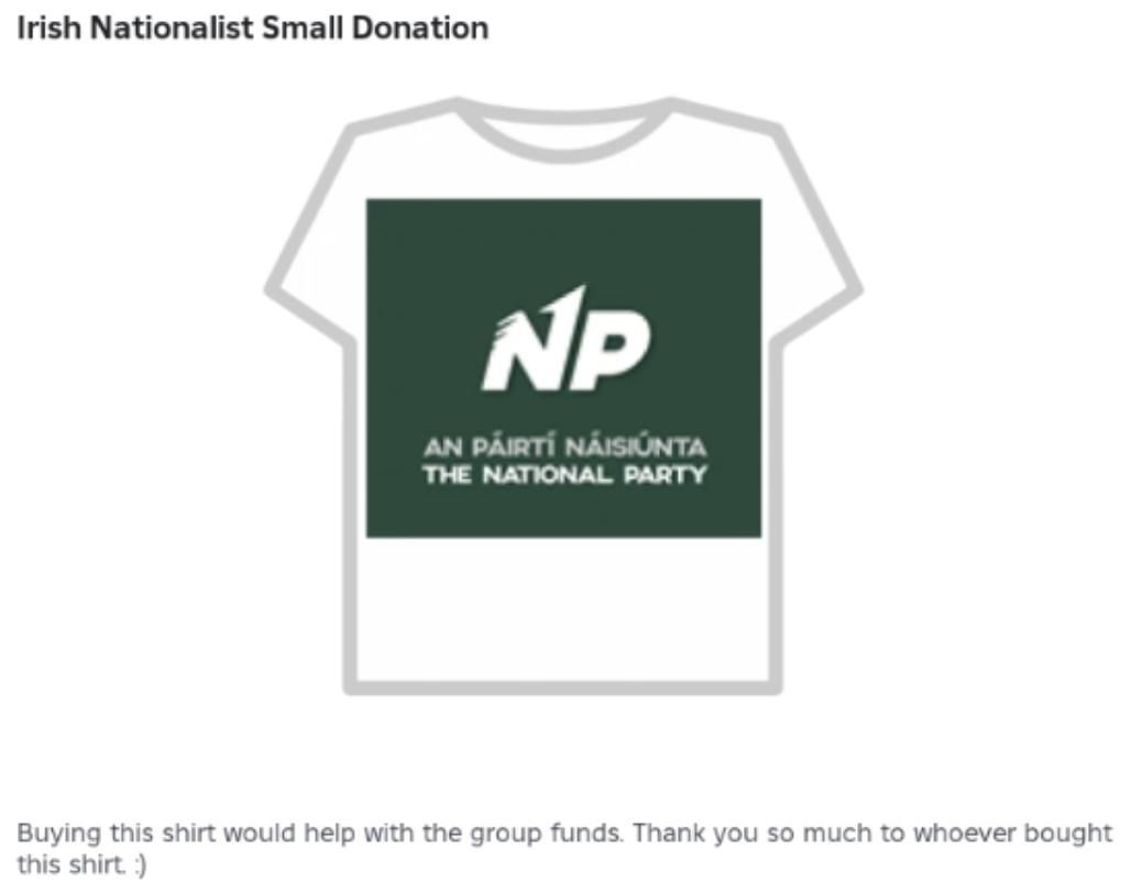 Una camiseta disponible en Roblox que anuncia al Partido Nacional, el mayor partido político de extrema derecha de Irlanda.