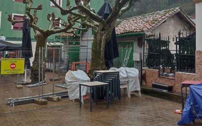 Vista del inmueble de Plaza Zaharra que se va a demoler y los plátanos que se van a ver afectados por las obras.