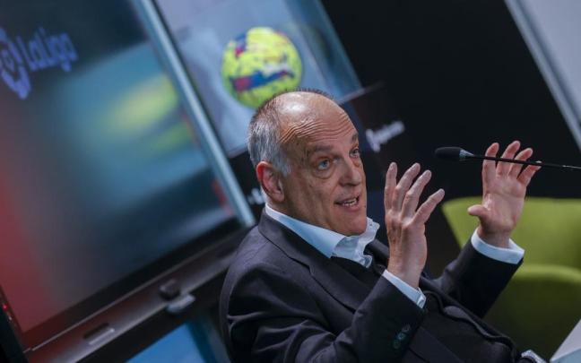 El presidente de LaLiga, Javier Tebas, durante su comparecencia en la Asamblea General de LaLiga.