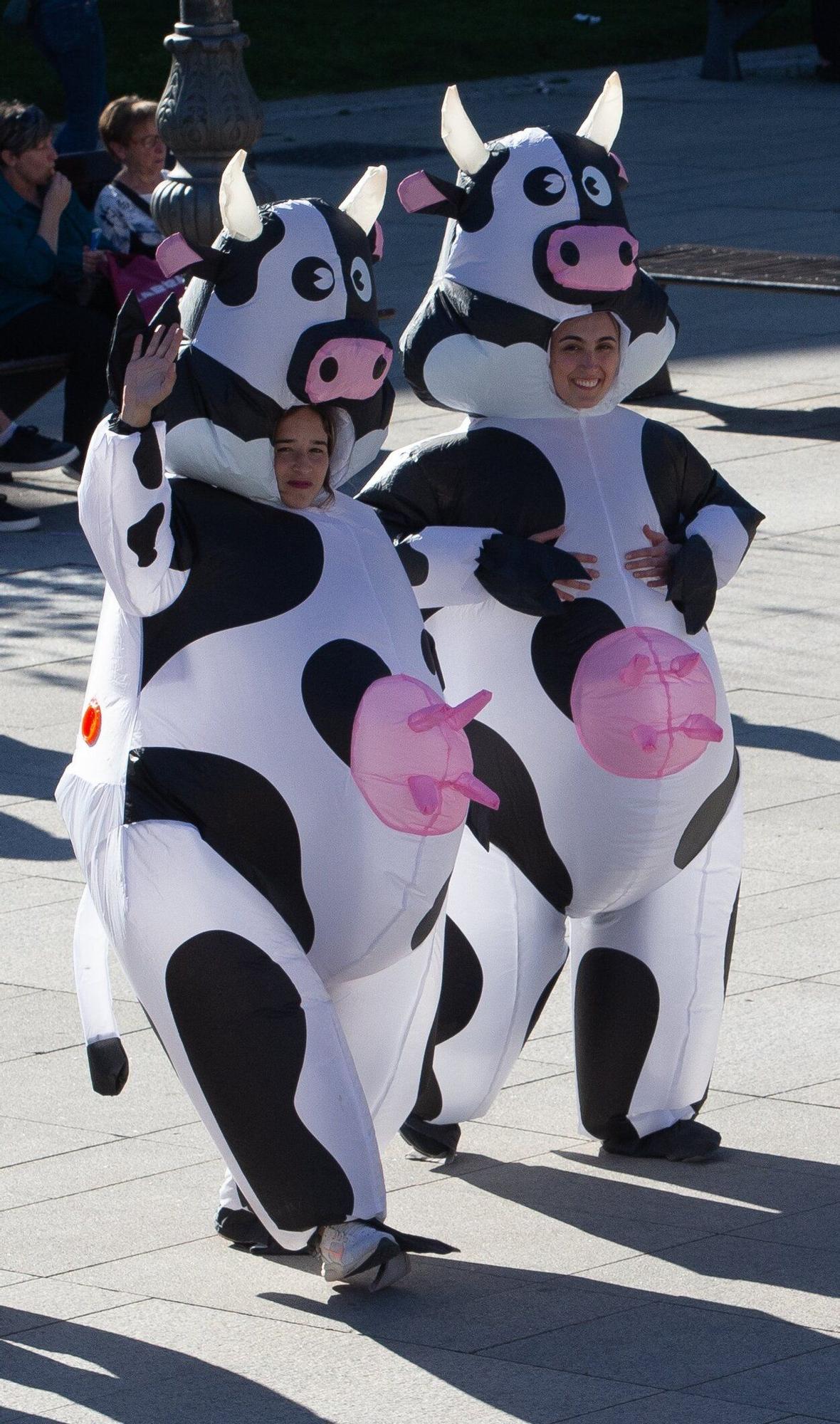 Dos chicas disfrazadas de vacas en una despedida de soltera.