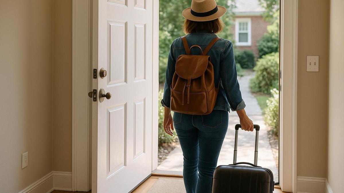 Una mujer saliendo de casa lista para sus vacaciones