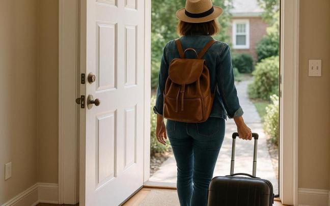 Una mujer saliendo de casa lista para sus vacaciones