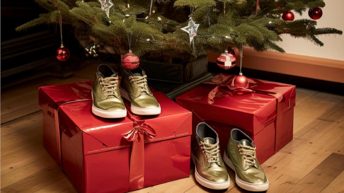 Dos pares de zapatos junto a dos cajas de regalo debajo del árbol de Navidad.